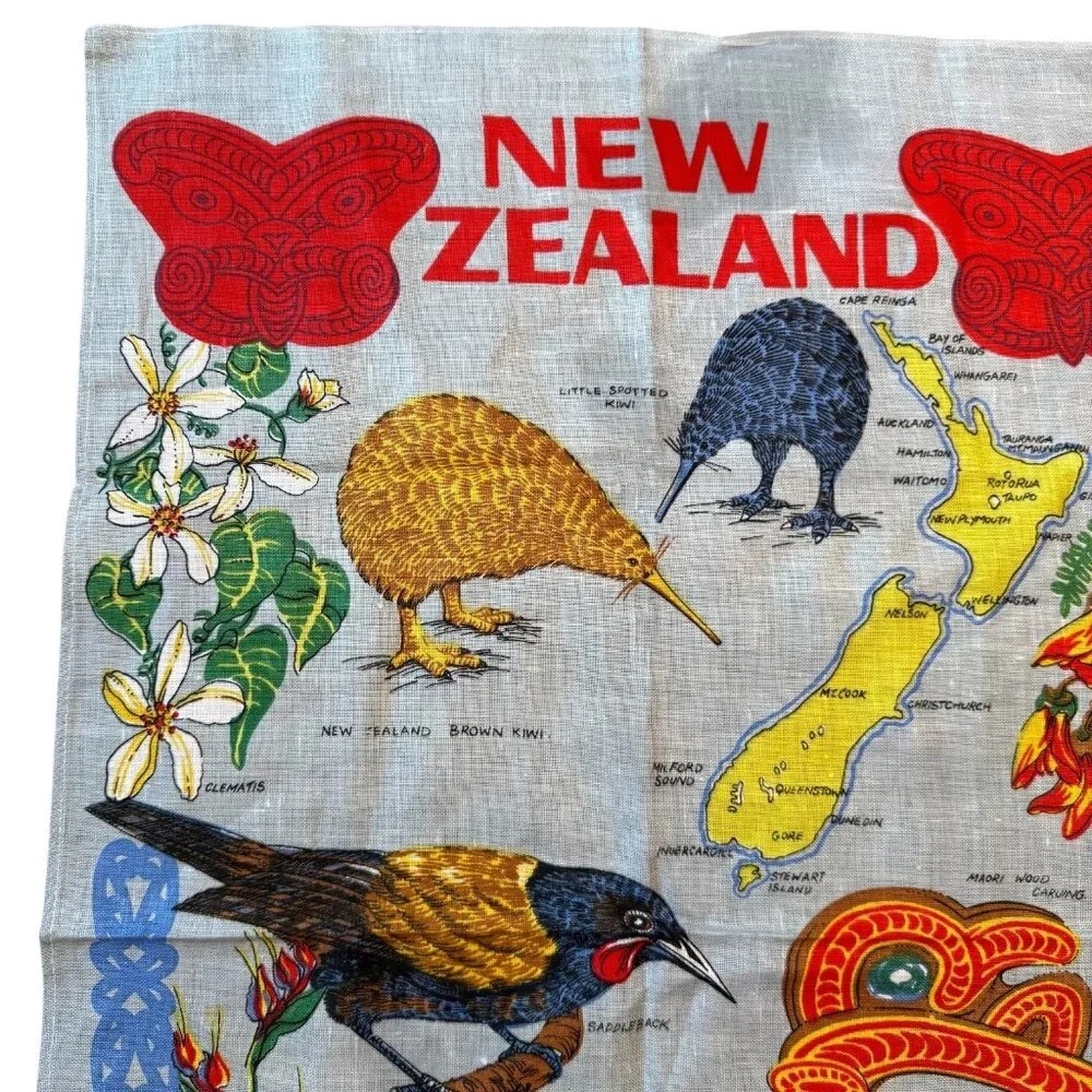 VTG Unused New Zealand Linen‎ Tea Towel Birds Flowers Map Design Souvenir Retro